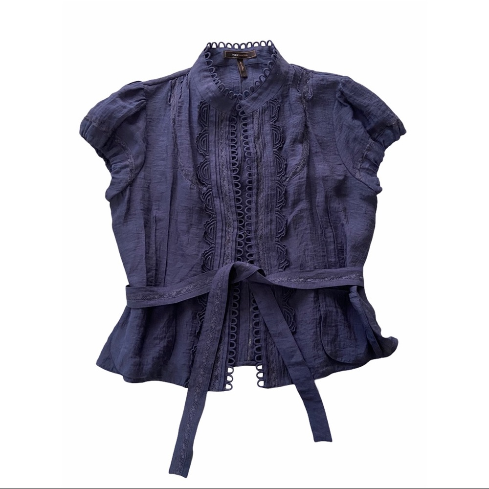 🌊BCBG Navy Blue Tie-Front Puff Sleeve Top🌊